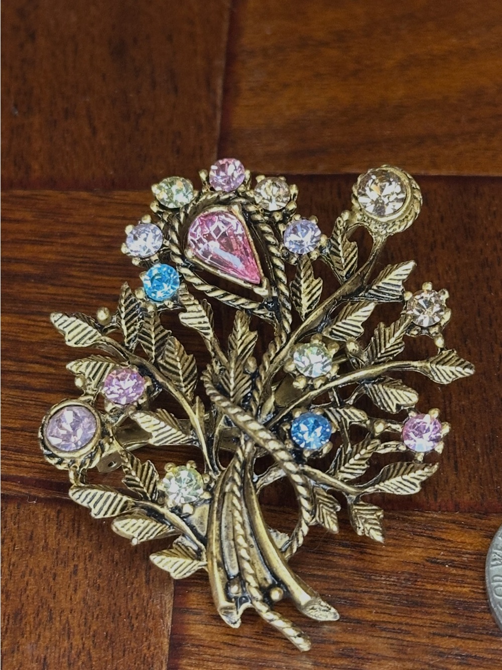 Gold-Tone Floral Bouquet Brooch with Pink, Blue and Clear Stones